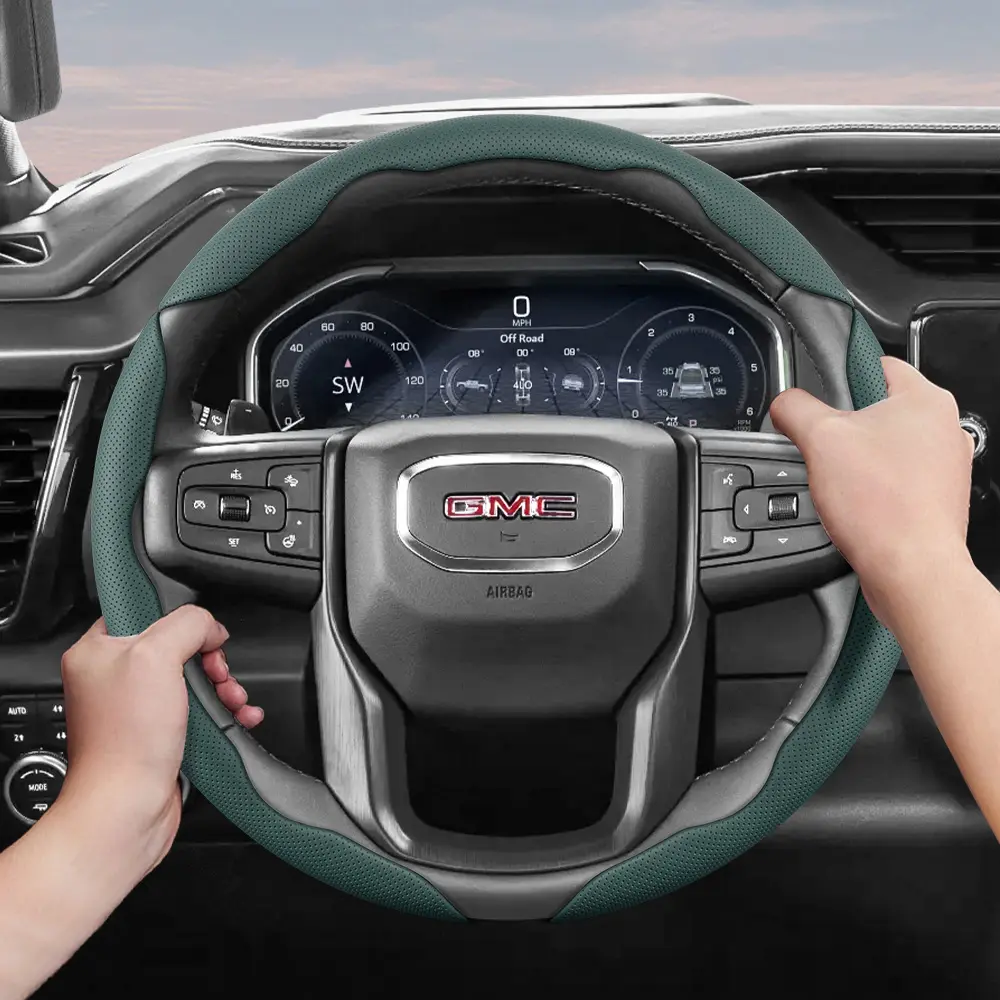 For GMC Steering Wheel Cover, Car Accessories, Perforated Breathable Leather Segmented Design Ultra-Thin Style For Sierra 1500/Sierra HD/Yukon/Terrain/Acadia/Canyon/Savana/HUMMER EV/Sierra EV Black Burgundy Mocha Gray Automotive