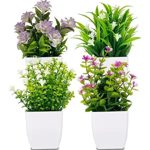 Set of 4 Small Artificial Eucalyptus Plants, Decorative Mini Potted Trees, Faux Potted Plant, Indoor Office Home Farmhouse Bathroom Decoration