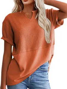 Women's V-Neck Pullover Waist Cinch Patchwork Shirt, College Style Casual Versatile Everyday New Chinese Innerwear, Fashionable Ladies Top Womenswear Knitwear