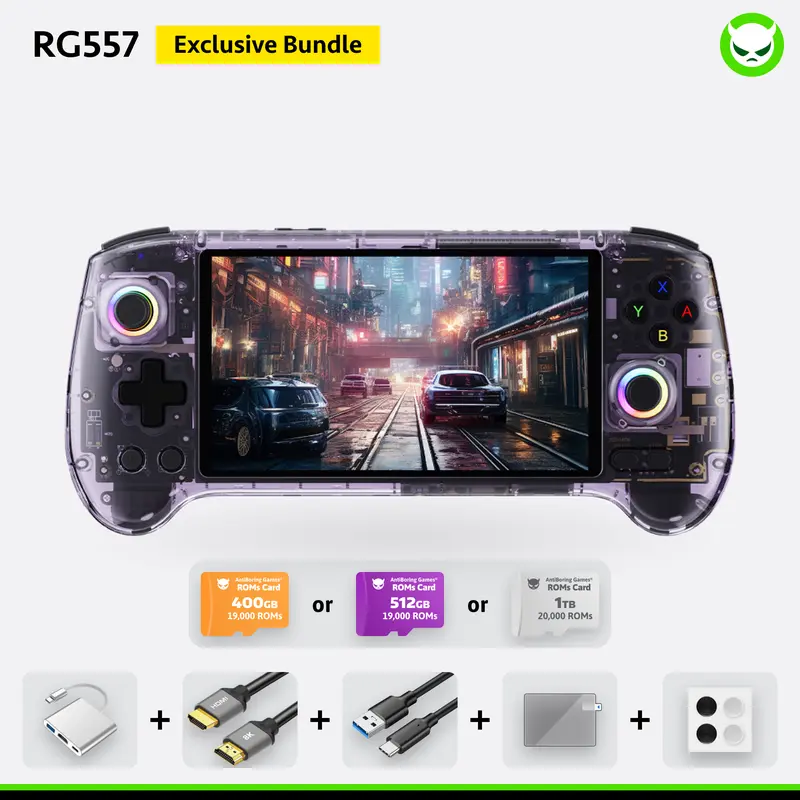 Anbernic RG557 Handheld Game Console【Buy 1 Get 1 HDMI Cable(8K)+1 Multi-Port Adapter+1 Type-C Cable+Joystick Cap*2 Pairs 】 Android 14 AMOLED Touch Screen 1080*1920 Dimensity 8300 Processor Octa-core CPU Six-axis Gyroscope Sensor Ready to Play Gift Package
