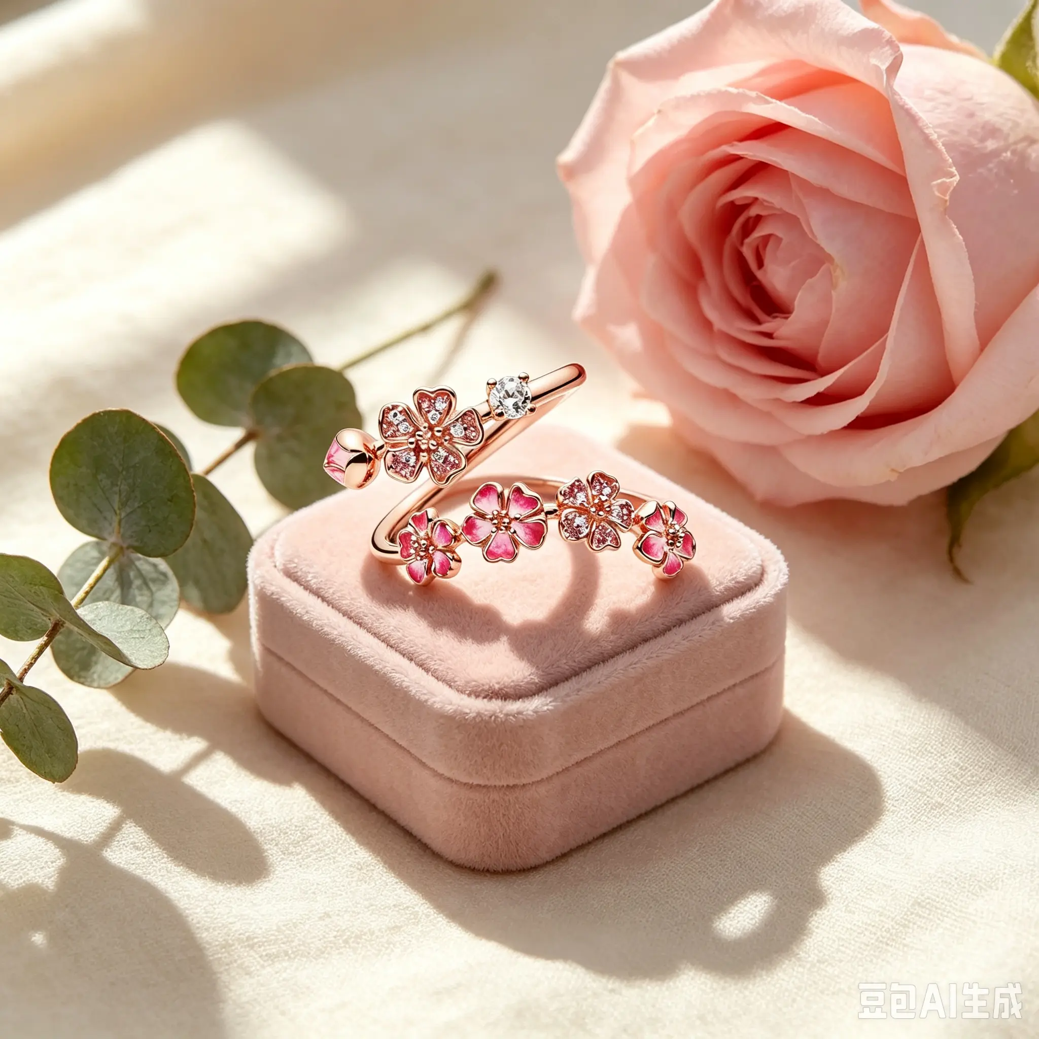 Pink Cherry Blossom Flower Ring, Rose Gold Plated Open Adjustable Wrap Ring for Women, Dainty Enamel CZ Floral Jewelry Gift