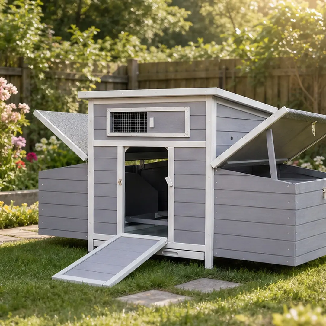 Large Wooden Chicken Coop Outdoor Hen House Poultry Cage with 2 Sides Nesting Boxes, Gray Wooden Chicken Run for Backyard, Secure Latches, Ventilated, Waterproof Foot Covers, 33.86x57.87x30.55 in, Gray Color Options, Wood Material