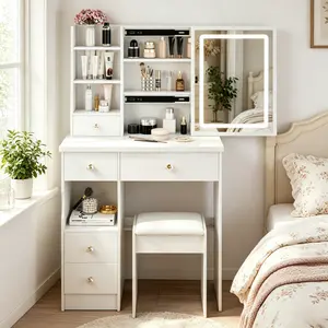 29.2" Small Vanity Table with LED Mirror and Stool, Makeup Desk with Touch Control, Tri-Color Lighting & Brightness Adjust, Left Drawer Large Storage, Space Saving Dressing Table for Small Bedroom