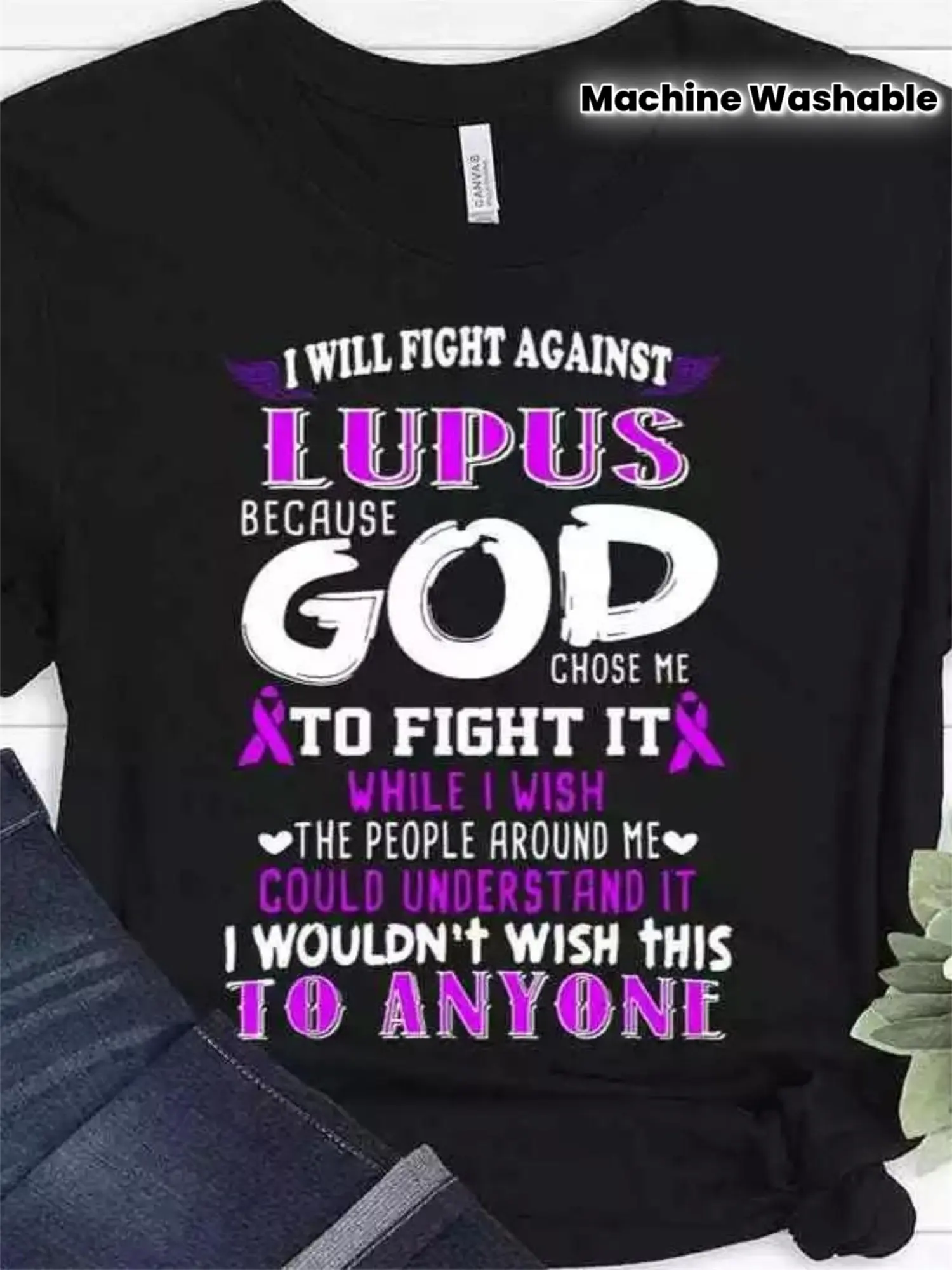 Men'S Lupus-Themed T-Shirt - Features a Purple Ribbon Design And Lupus Slogan Vintage Black Short-Sleeve Crew Neck Machine Washable Specially Designed for Lupus Warriors And Supporters Chronic Illness Advocacy Apparel Suitable for All Seasons