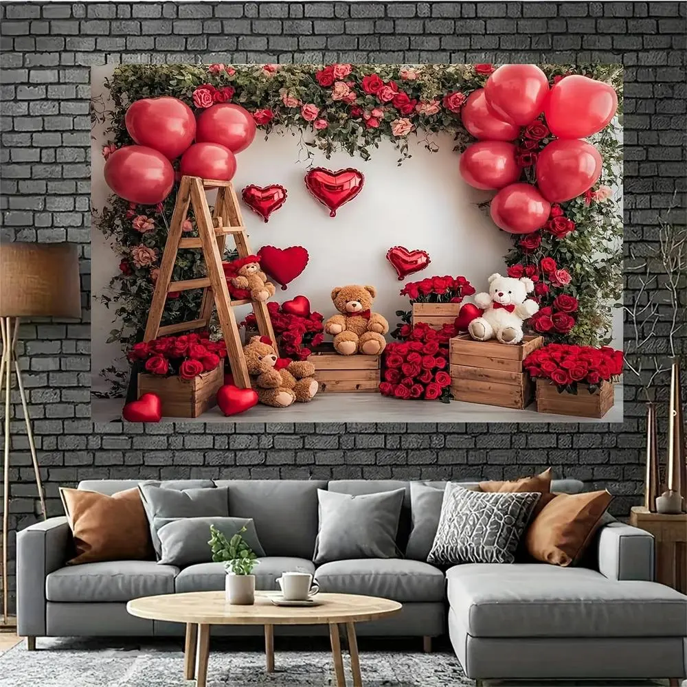 1PC Polyester Backdrop Banner with 2D Flat Valentine's Day Romantic Love Balloon, Teddy-Free Rose - Party Decoration Supplies, Happy Birthday Wall Decor, Photoshoot Backdrop
