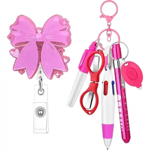 Heart Bow Nurse Pen Set Badge Reel Clip Holder Accessories for Work Permanent Marker Pen and Foldable  LED Flashlight  for Nurse  School Students