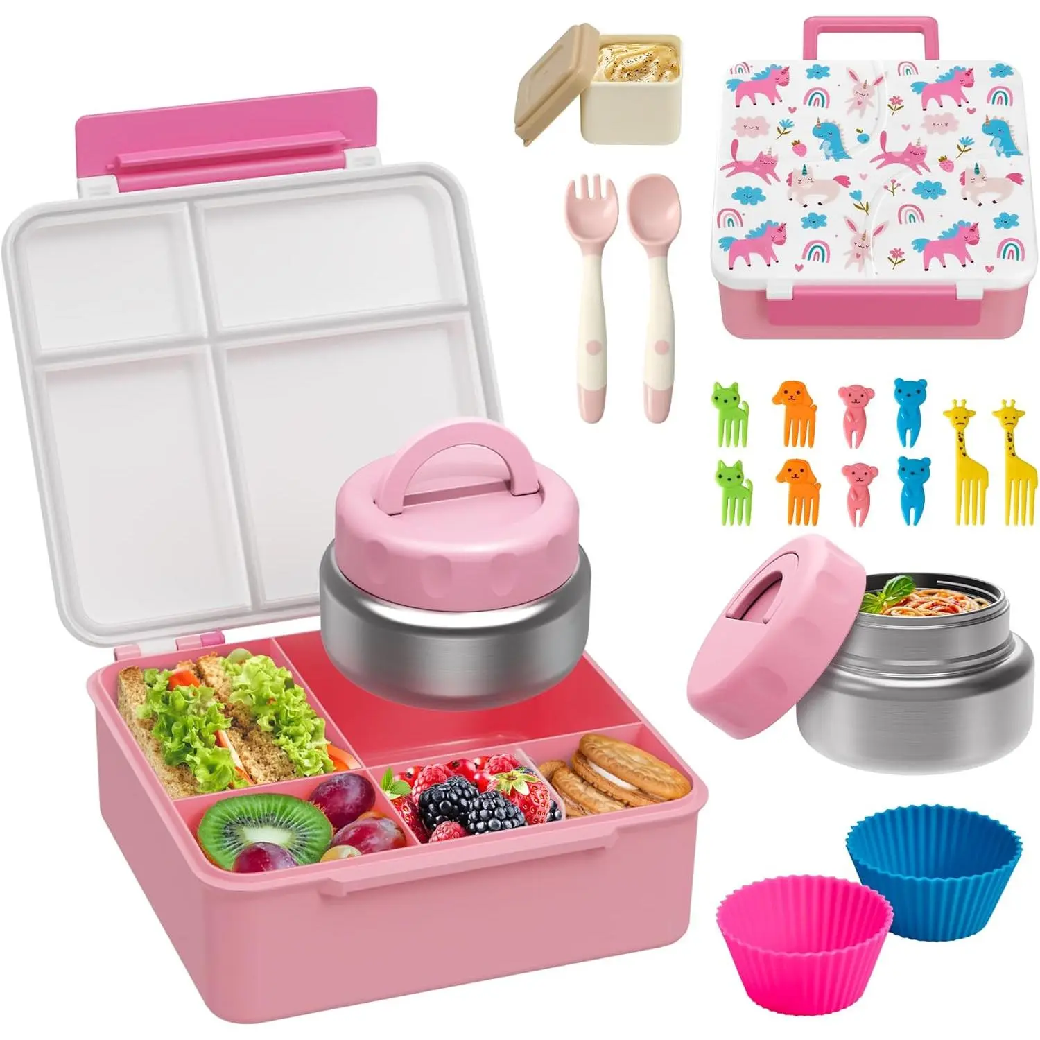 Bento Lunch Box with 9.5 oz Soup Thermo,  Leakproof 4 Compartments Bento Box with  Cupcake,Fruit Fork,Spoon and Sauce Cup,Insulated  Jar for School Travel-Rainbow Horse