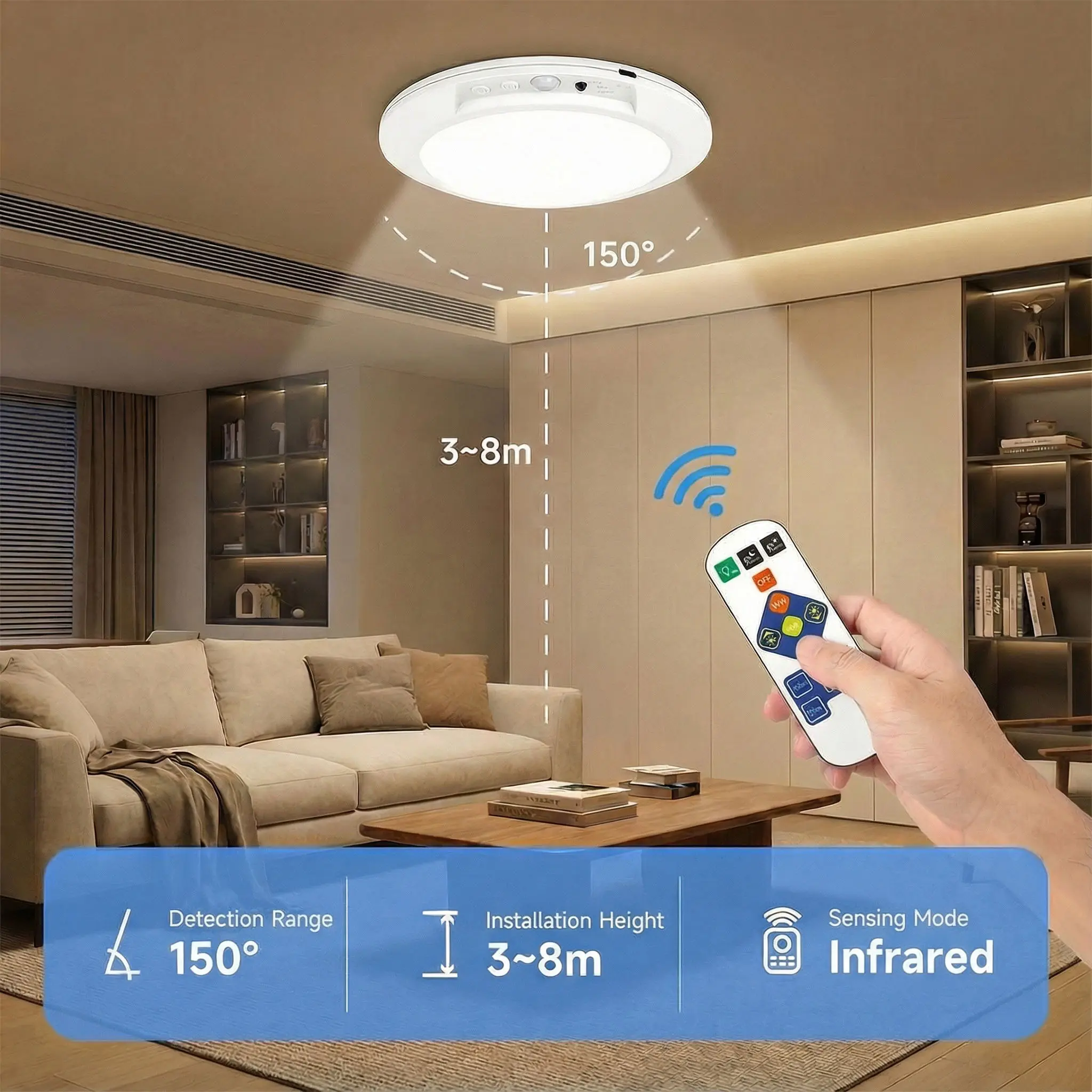 Rechargeable Motion Sensor Ceiling Light with Remote Magnetic Wireless Battery Powered for Closet Shower Stairs Shed Hallway Porch Patio ect 150° Detection Range 3-8m Installation Height Infrared Sensing Mode