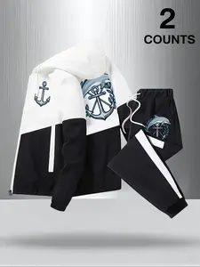 Men's Anchor & Dolphin Graphic Hooded Set, Color-Block Design Zip-Up Hoodie & Pants Two-Piece Outfit, Stylish Casual Daily Wear Set