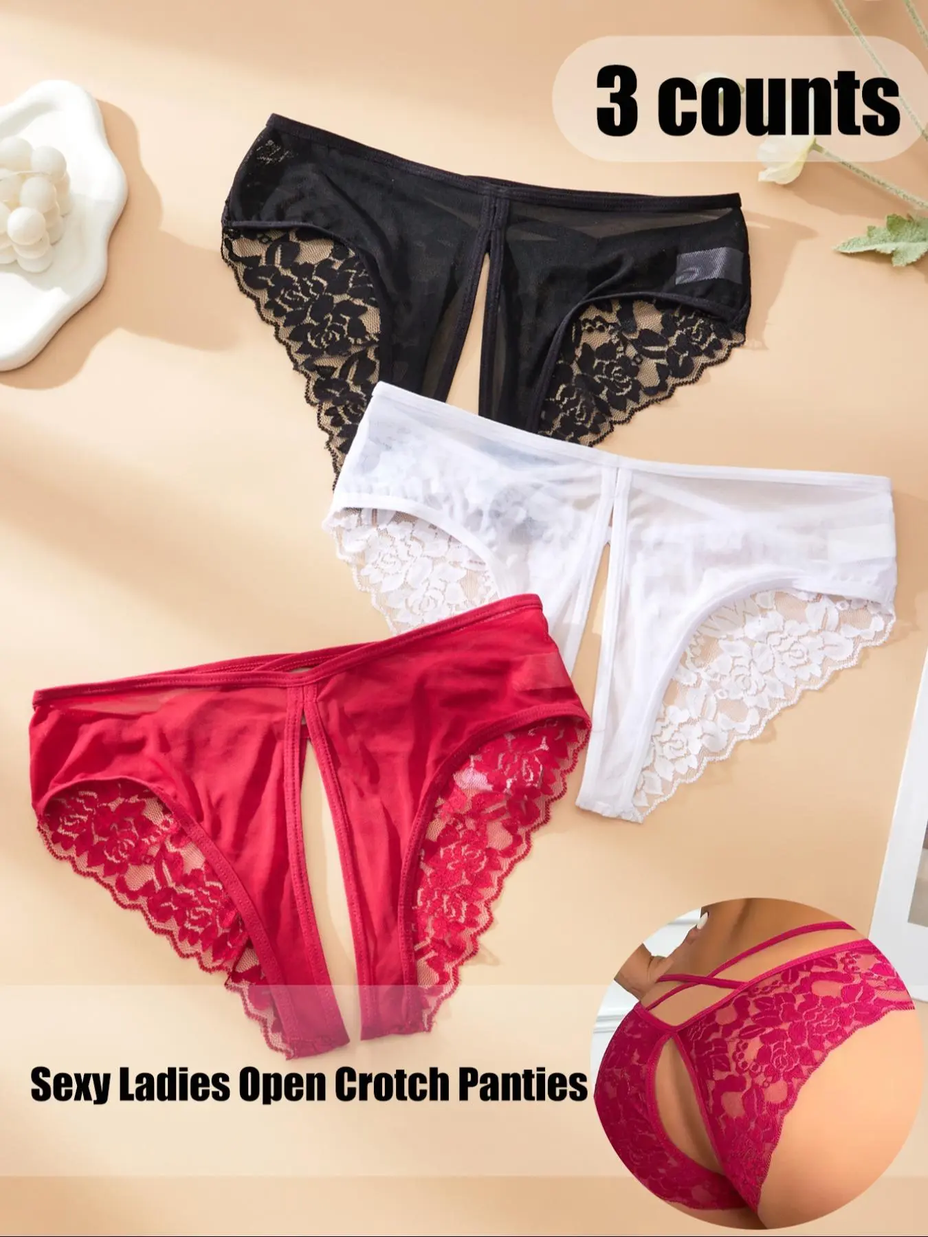Women's Solid Color Lace Crotchless Panty, Soft Comfy Breathable Knicker for Daily Wear, Women's Underwear for All Seasons, Opening Crotch Underwear