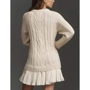 Women Cable Knit Sweater Crewneck Long Sleeve Pleated Mini  Twofer Style Patchwork Dress