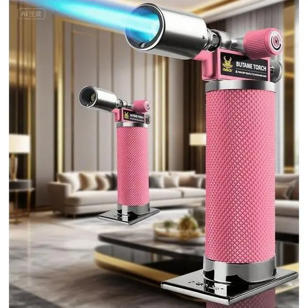 Adjustable Flame Kitchen Torch for Baking, Creme Brulee, Desserts, BBQ - Mini Metal Lighter with Safety Buckle, Reusable, Butane Not Included, Pink