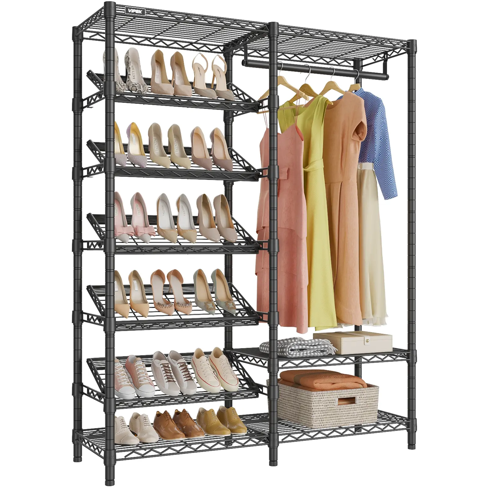 VIPEK S20 Closet Rack, 850 lbs Heavy-Duty Carbon Steel Freestanding Metal Organizer with Tool-Free 10-Tier Adjustable Removable 25° Tilt Angle Shoe Shelves, Space-Saving Indoor Furniture, Black, Adjustable Metal Shoe Racks