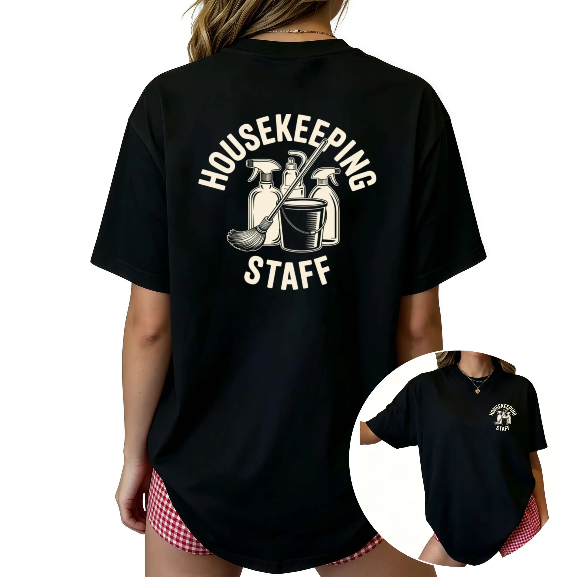 Women's HOUSEKEEPING STAFF Graphic T-Shirt - Pure Short Sleeve Round Neck Casual Top with Bucket Mop Print, Suitable for Summer Beach, Vacation & Daily Wear, Machine Washable Gift Apparel for Housekeeping Staff Uniforms