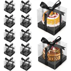 12 Pack Clear Plastic 3.5 Inch Gold Single Disposable Individual Cupcake Containers Carrier Holder Boxes with Inserts and Ribbon (Black)