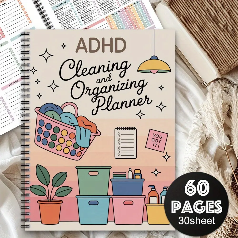 1 ADHD Cleaning Plan Book - Spiral Bound Planner - Powder Blue Cleaning Schedule Notepad with Laundry Basket, Adult Inspirational List Handbook, for Home, Office - No Date Week/Month Cleaning Plan Gift, for ADHD Patients and Colleagues