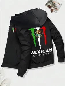 Mexico Flag Monster Graphic Hooded Jacket Windproof, Comfy, Polyester, Long Sleeve, Fitted, Lounge/Daily Outerwear, Mexican Energy Print, Cozy Home Wear & Street Style Outfit for Men, Bold National Design Warm Casual Jacket
