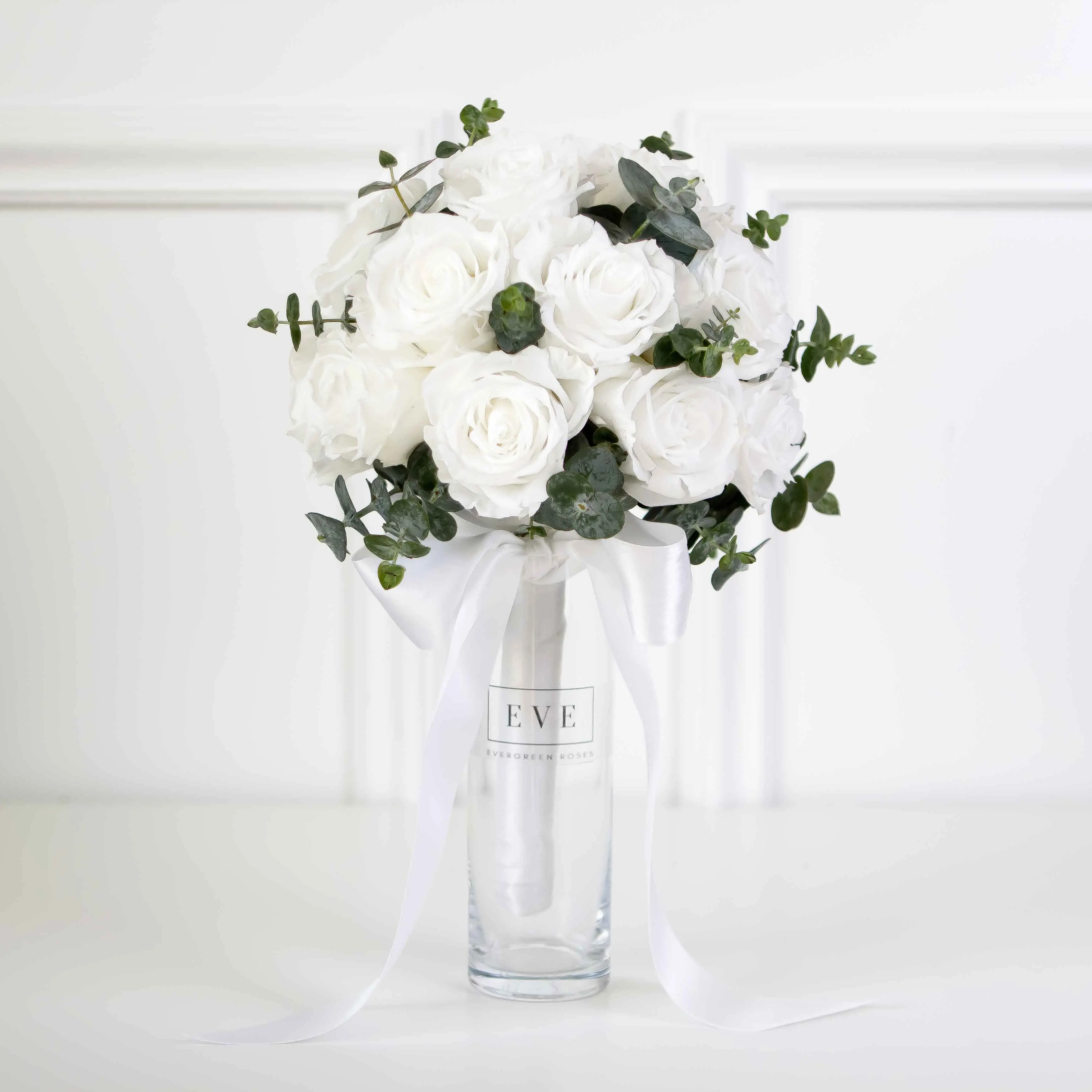 Wedding Bouquet with White Roses and Eucalyptus