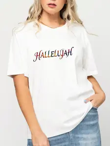 Hallelujah Colorful Cursive Print Short Sleeve Basic White Crew Neck Casual Couple T-shirt