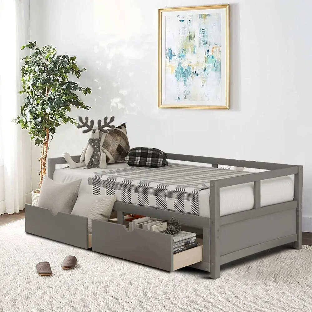 Contemporary Minimalist Wooden Extendable Daybed with Two Drawers