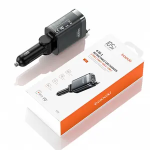 toocki 105W Max Led Display Retractable Car Charger USB C【with Dual Type C Cables】for iPhone 16 USB C Car Charger Adapter Fast Charging Compatible with iPhone 16 15 Pro Max, Samsung Galaxy S25/S24, Android