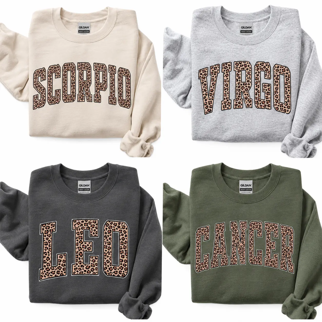 Leopard Zodiac Sweatshirt - Sand, Custom Astrology Sign Crewneck, 12 Horoscope Sweatshirts, Cute Birthday Gift For Her And Him, Virgo Leo Scorpio Cancer Libra Aries Taurus Gemini Sagittarius Capricorn Aquarius Pisces- Philip82 Store
