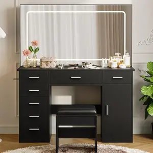 7-Drawer Modern Vanity Desk with LED Mirror & 3-Mode Lighting, Power Outlets, Hair Dryer Holder, Marble White Makeup Dressing Table for Bedroom