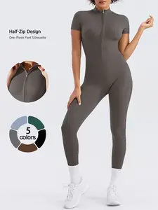 Stretchy Tummy Control Yoga Jumpsuit Half-Zip Short Sleeve Butt Lifting Workout Bodysuit for Gym & Daily