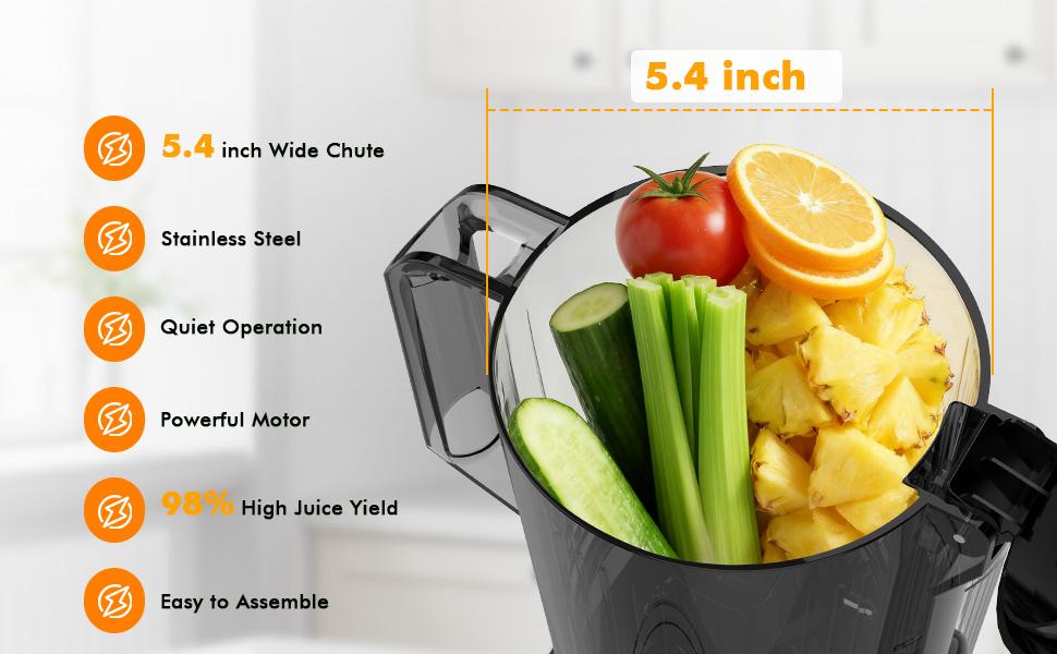 COWSAR 300W Cold Press Juicer, 5.4" Wide Feed Chute, Slow Masticating Juicer Machines Vegetable and Fruit, Electric Juicers Juice Maker with Reverse Function, Stainless Steel Juicer Easy to Clean