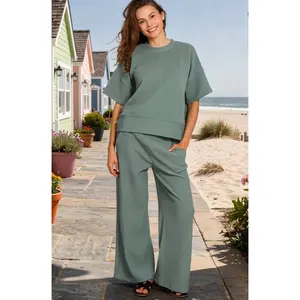 Zenana Ribbed Boxy Round Neck Tee and Pants Set