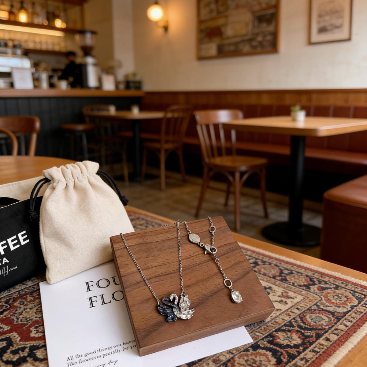 Women's Black White Gold Swan Necklace, Hugging Goose Design Fashion Jewelry