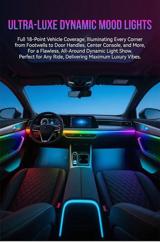 18-in-1 Ultra-Chroma Waterfall Car Ambient Lighting Kit, Professional Dreamcolor RGB Flowing LED Strips ,Dreamcolor Music Sync Interior Glow,App Control RGB Interior LED Lights with Music Sync, Panoramic Dreamcolor Glow for All Cars & SUVs