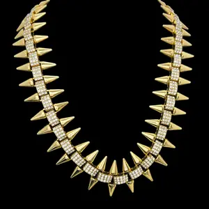 Iced CZ Gold / Silver Plated 30mm 20" Spike Spiky Choker Chain Bling Hip Hop Necklace Jewelry For Unisex Men Women