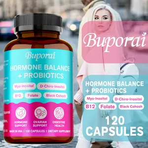 Buporai 120 probiotic capsules support gut health, with ingredients including black cohosh, folic acid, and inositol.