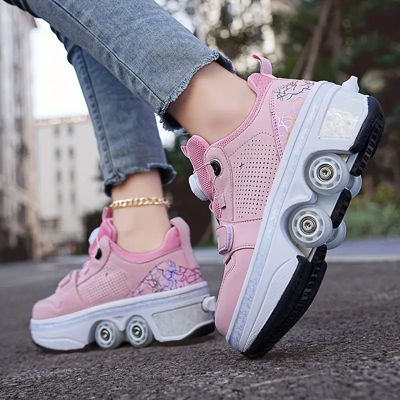 Light-Up Roller Skates for Kids, Pink Low-Top 4-Wheel Sneakers with a Breathable Synthetic Upper, Fun Halloween Gift for Outdoor Skating, Fabric, Roller Skating Shoes, 4 Wheels, Kids Outdoor Play, Led Light-Up, Outdoor Roller Skating