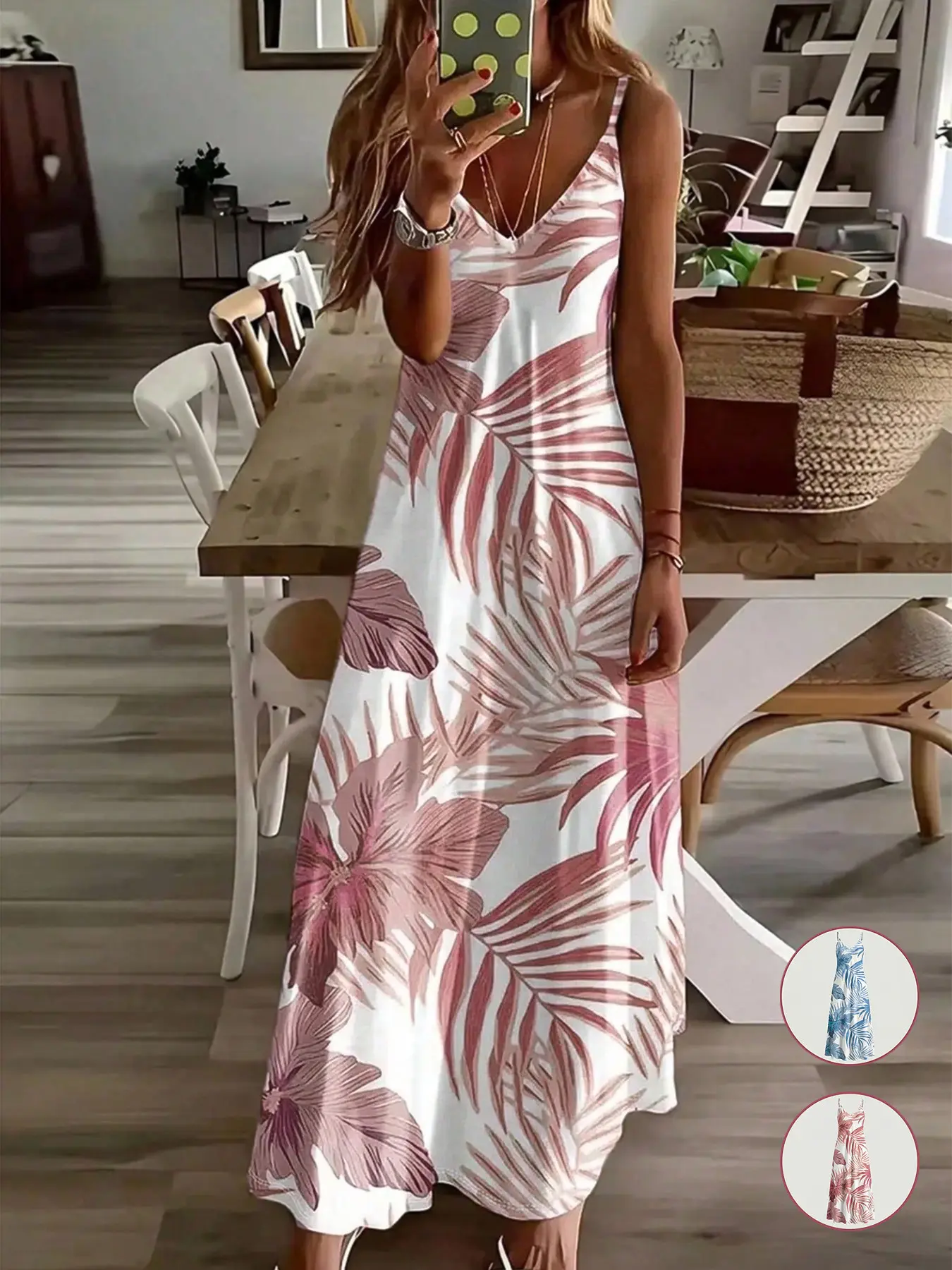 Women's Tropical Plant Leaf Print V-Neck Spaghetti Strap Sleeveless Loose Flowy Vacation Casual Dress，Casual Summer Fashion, Boho Chic Style, Bohemian Casual Trendy, Bohemian Style Dresses, Comfortable and Stylish, Perfect for Travel and Daily Wear