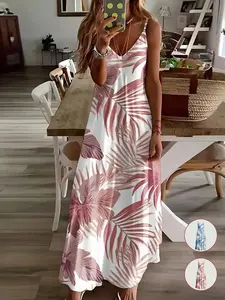 Women's Tropical Plant Leaf Print V-Neck Spaghetti Strap Sleeveless Loose Flowy Vacation Casual Dress，Casual Summer Fashion, Comfortable and Stylish, Perfect for Travel and Daily Wear