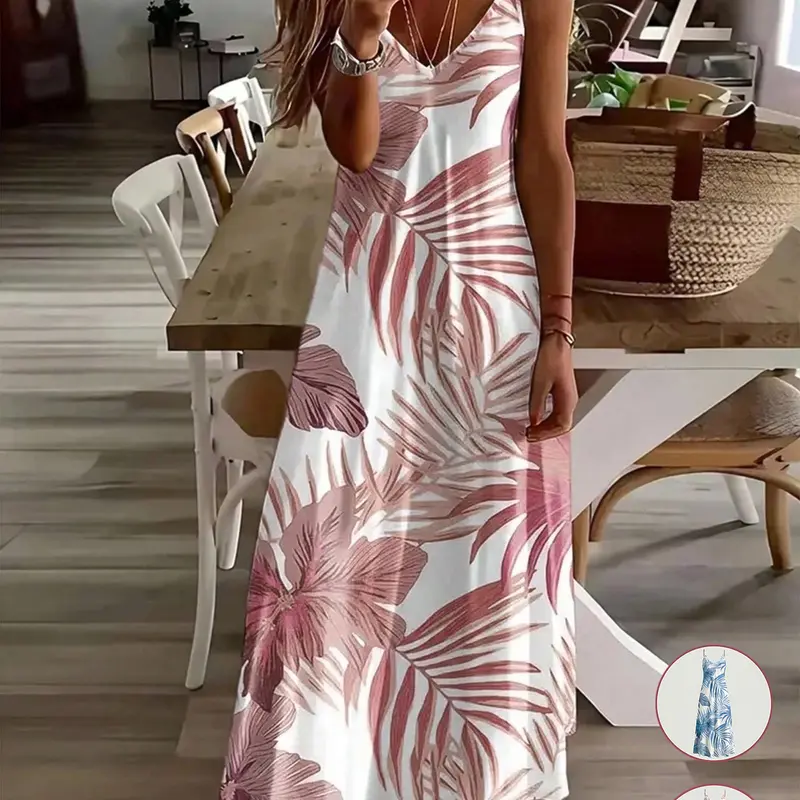 Women's Tropical Plant Leaf Print V-Neck Spaghetti Strap Sleeveless Loose Flowy Vacation Casual Dress,Casual Summer Fashion, Boho Chic Style, Bohemian Casual Trendy, Comfortable and Stylish, Perfect for Travel and Daily Wear, Bohemian Aesthetic