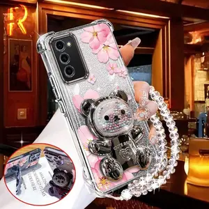 1 Piece A03s Charming petals with Bear stand and beaded lanyard Pattern Comfortable feel Design Lightweight Protection Made Suitable For Galaxy A03s Phone Cases Ideal For Casual Accessories
