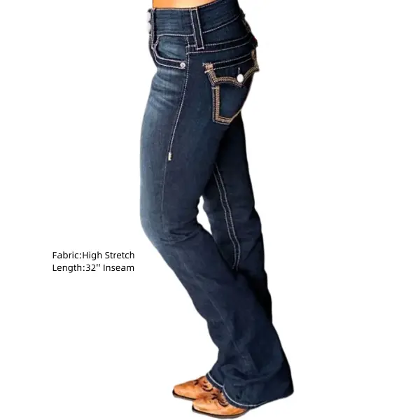 Flamingals Embroidery Detail Dual Button Mid Waist Bootcut Jeans