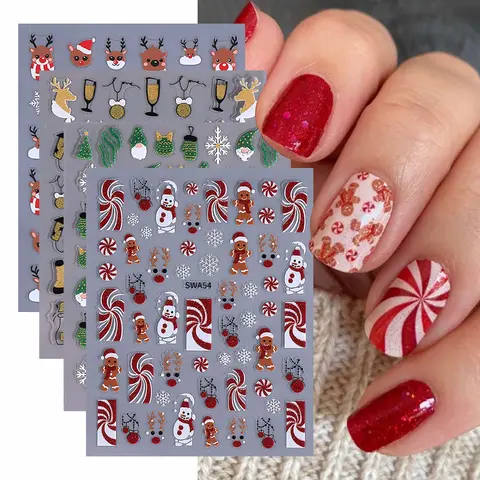Cute Cartoon Christmas Nail Stickers Nail Kit Set, 3D Snowman Reindeer Candy Hat Design, Holiday Decorations for Women & Girls, Set of 4 Sheets, Decals For Nails