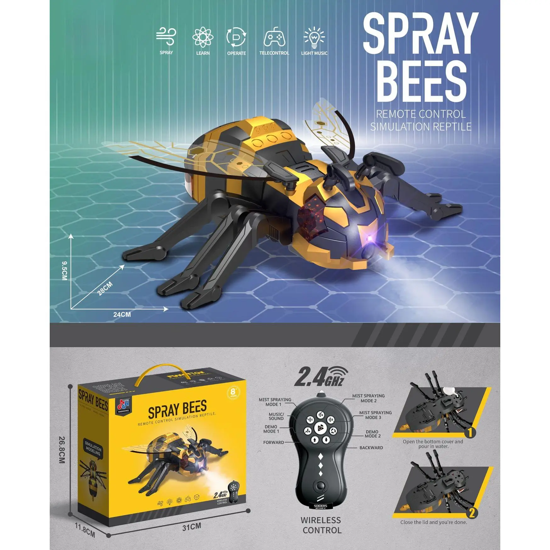 Remote Control Spray Bee Spider Toy Dragonfly Octopus Insect Toy Children's Toy Gift 24cm x 26cm x 11.8cm 2.4GHz Wireless Control Light Music