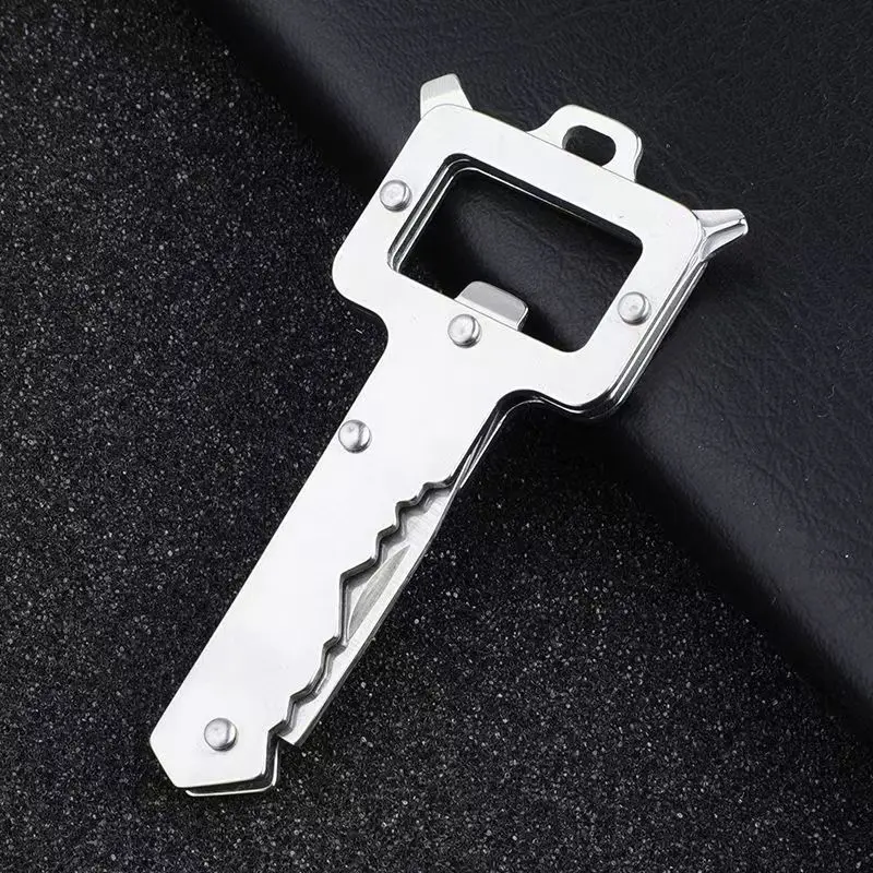 Multifunctional key-shaped multi-tool, portable keychain practical gadget, includes bottle opener, screwdriver and small cutter, stainless steel pocket tool, suitable for camping and daily household use