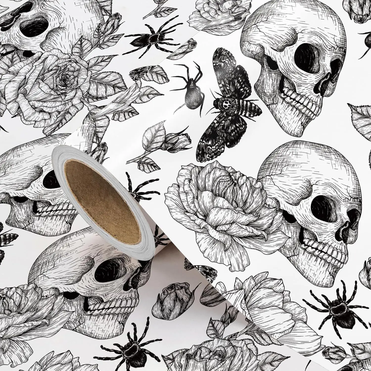WRAPAHOLIC Goth Halloween Wrapping Paper Roll, Black & White Skull Floral Gift Wrap, Vintage Dark Aesthetic Paper for Halloween Gifts, Birthday Parties & Holiday Decorations, 17in x 16.5ft
