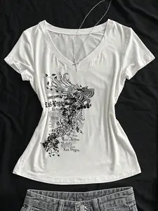 Trendy Y2K Gothic Graphic Tee Womenswear, Slim Fit V-Neck T-Shirt Top With Las Vegas Rebel Print, Viral Streetwear For E-Girls & Teen Fashion #TikTokViral