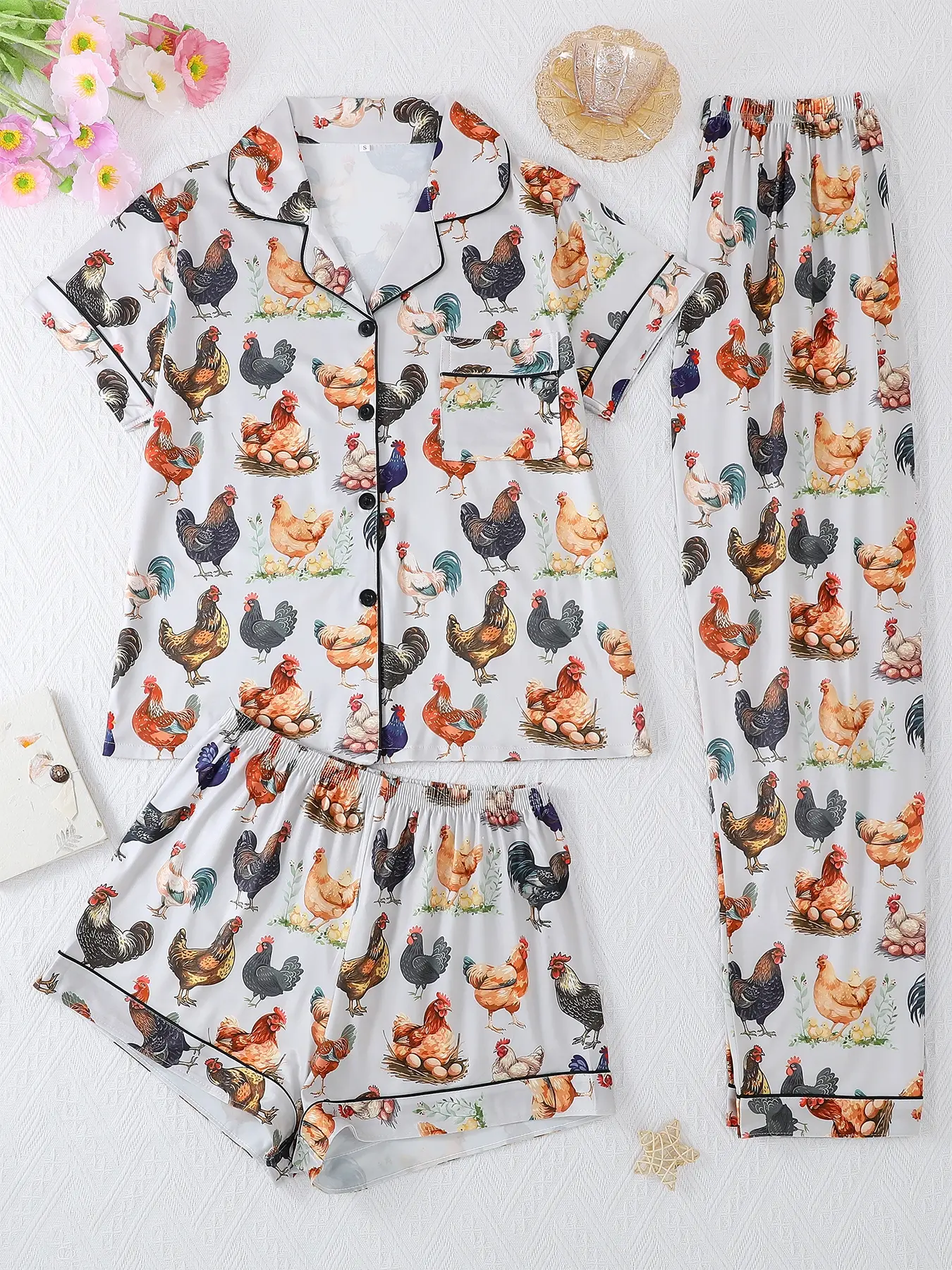 Women's 3-Piece Sleepwear Set, Casual Cute Lady Pajamas Cartoon Farmhouse Chicken Egg Print, Button Front Short Sleeve Shirt with Pockets & Loose Shorts Pants, All Seasons, Loungewear, Printed Pajama Set, Pajama Outfit, Homewear, Womenswear, Pjs