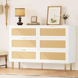 【Christmas Gift】Rattan 6 Drawer Dresser  Wide Double Dresser with Gold Handles and Legs  Modern Chest with Large Storage for Bedroom or Living Room  White