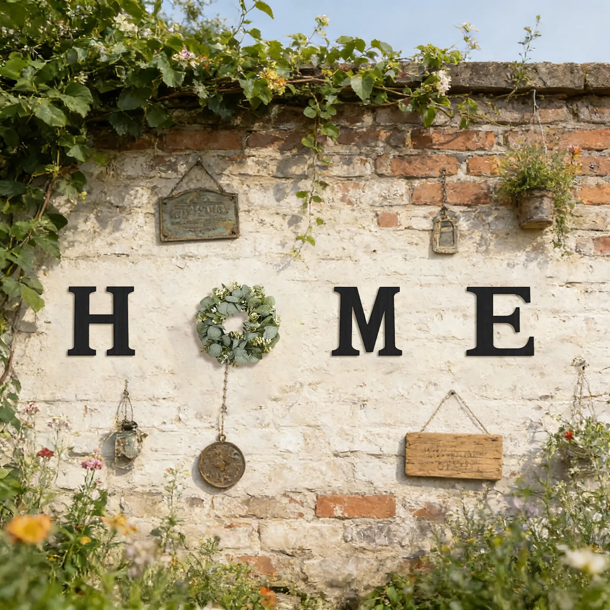 Rustic Home Sign with Eucalyptus Wreath, 4-Piece Farmhouse Black Wooden Letter Wall Decor for Entryway & Living Room, 9.8-Inch Housewarming Gift, Home Decor, Living Room Decor