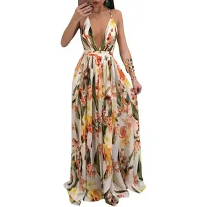 Womens Sexy Spaghetti Strap Deep V Neck Floral Boho Criss Cross Backless Chiffon Beach Party Long Maxi Dress