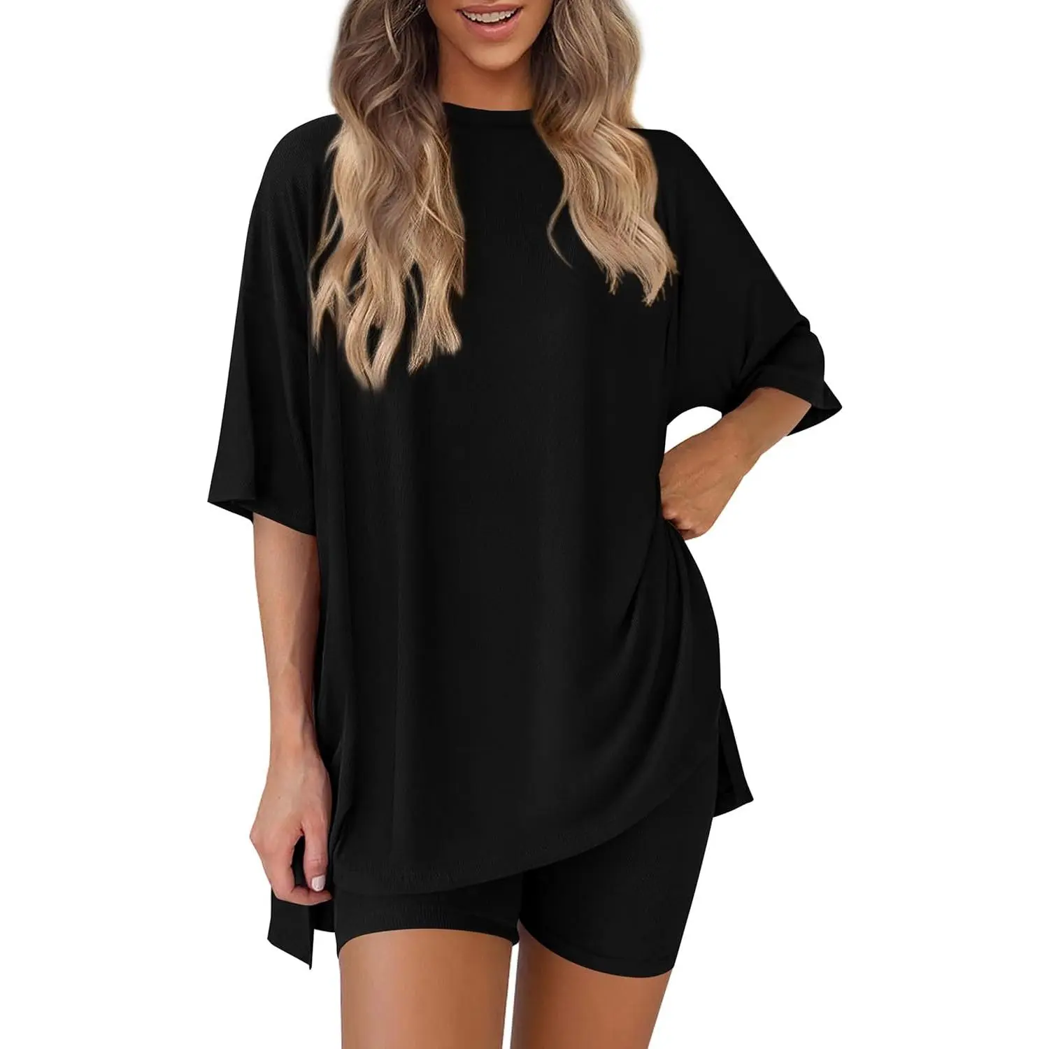 Women's 2-Piece Minimalist Basic Cotton Casual Set - Round Neck Short Sleeve Tshirt, Oversized Pullover, Biker Bottoms, Solid Colors, Multi-Size for Airport Travel, Summer Outfits | Tshirts, Women's Clothing, Casual Women's Set